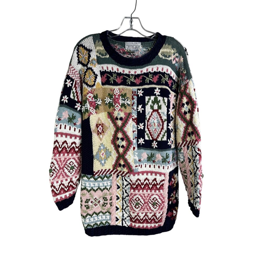 Crystal-Kobe Vtg 90s Sweater Womens L Multi Embroidered Cottage Core Chunky